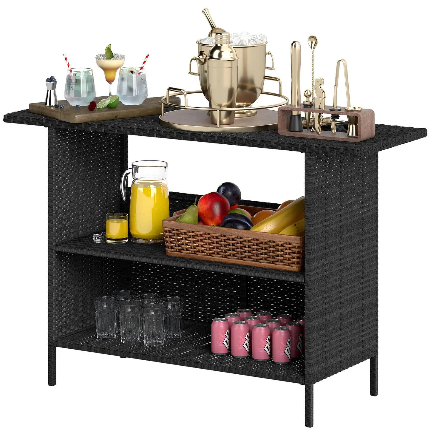 PE Rattan Outdoor Bar Table, 2 Shelves, Black Patio Side Tables Black at Gallery Canada