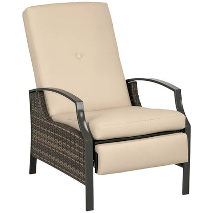 Outdoor Rattan Recliner Chair, Adjustable Back, Retractable Footrest, Khaki Chaise Loungers at Gallery Canada