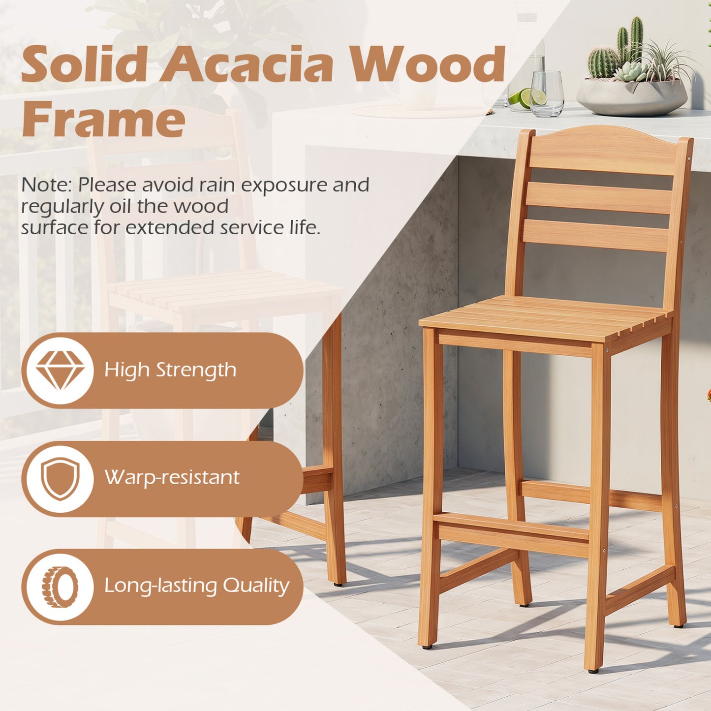 Solid Acacia Wood Bar Stools Heavy-duty Outdoor Barstools with 400 LBS Max Load Patio Bar Furniture at Gallery Canada