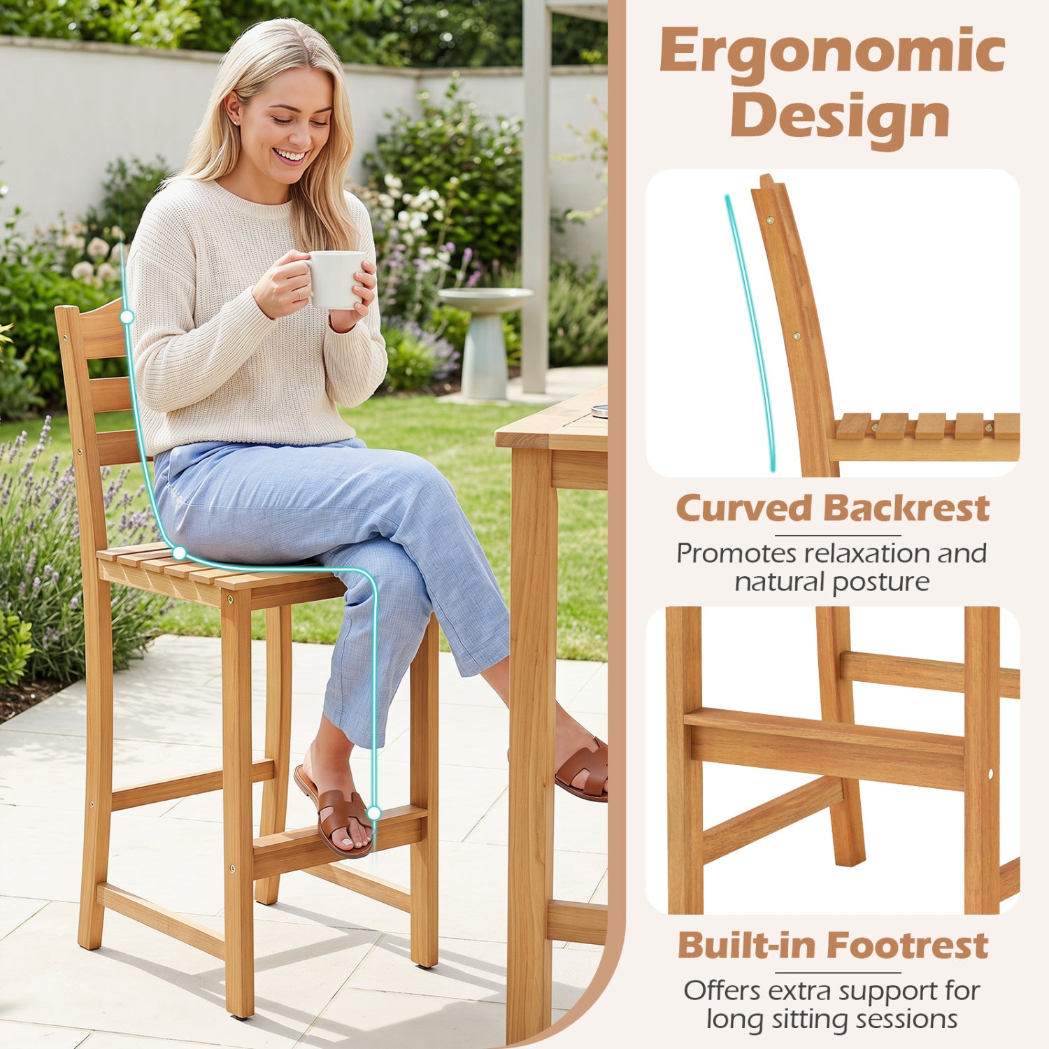 Solid Acacia Wood Bar Stools Heavy-duty Outdoor Barstools with 400 LBS Max Load Patio Bar Furniture at Gallery Canada