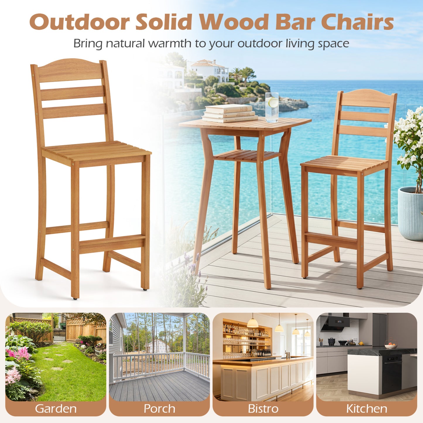Solid Acacia Wood Bar Stools Heavy-duty Outdoor Barstools with 400 LBS Max Load Patio Bar Furniture at Gallery Canada
