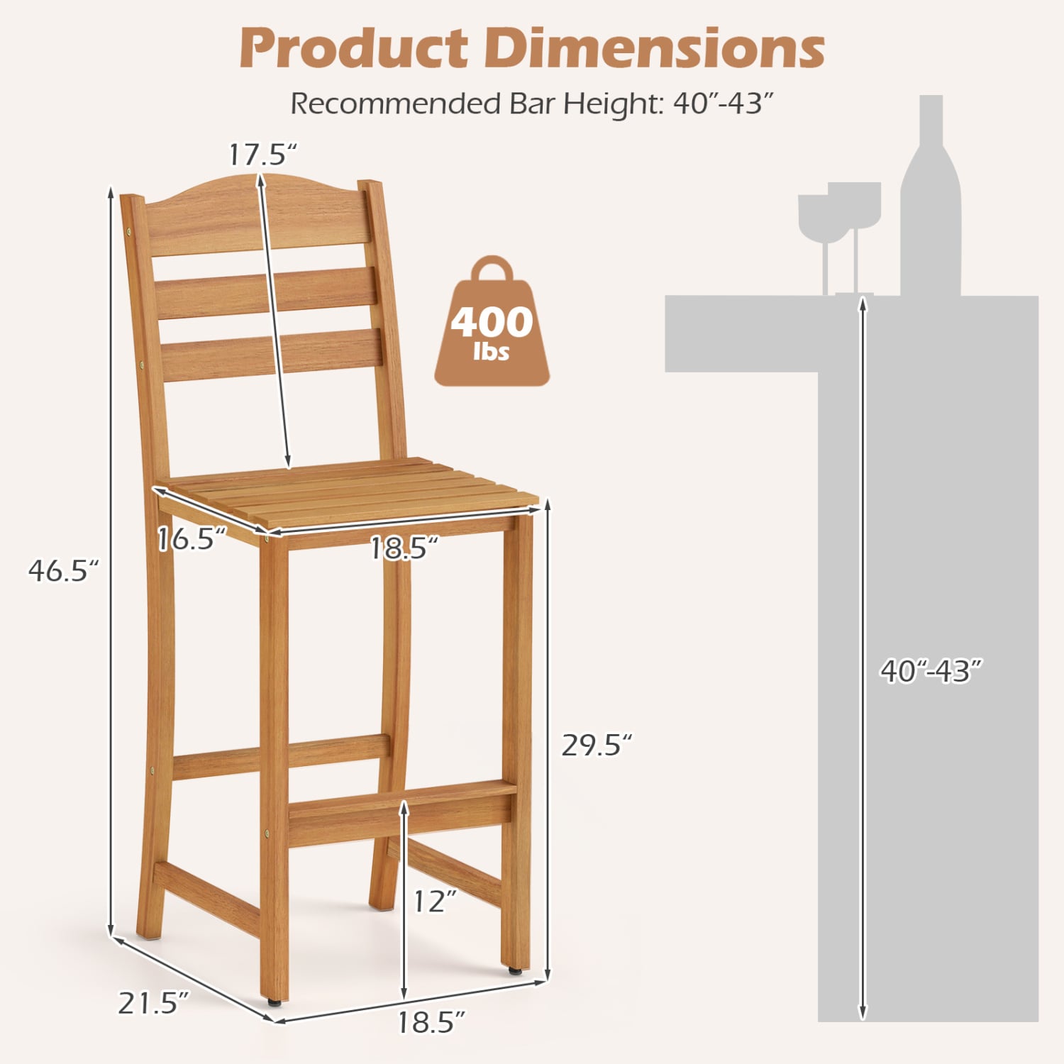 Solid Acacia Wood Bar Stools Heavy-duty Outdoor Barstools with 400 LBS Max Load Patio Bar Furniture at Gallery Canada
