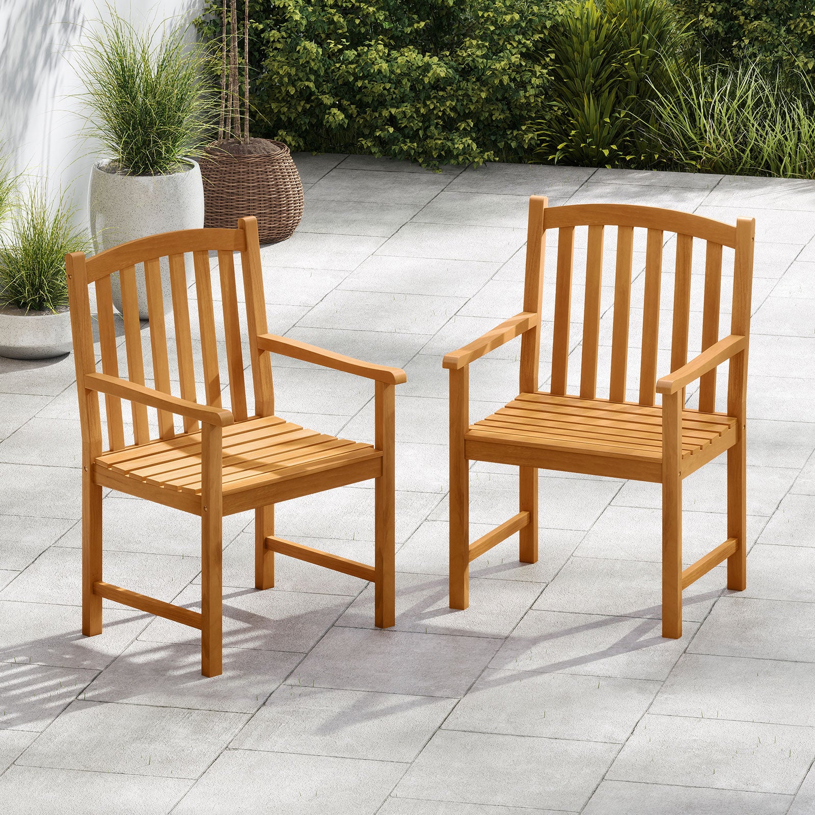 Solid Acacia Wood Patio Chairs Set of 2 with Slatted Seat and Inclined Backrest for Porch, Natural Patio Dining Chairs at Gallery Canada