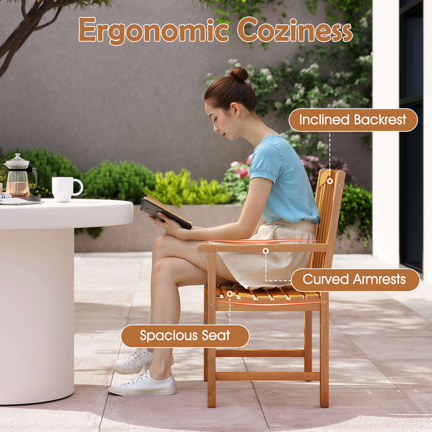 Solid Acacia Wood Patio Chairs Set of 2 with Slatted Seat and Inclined Backrest for Porch, Natural Patio Dining Chairs at Gallery Canada