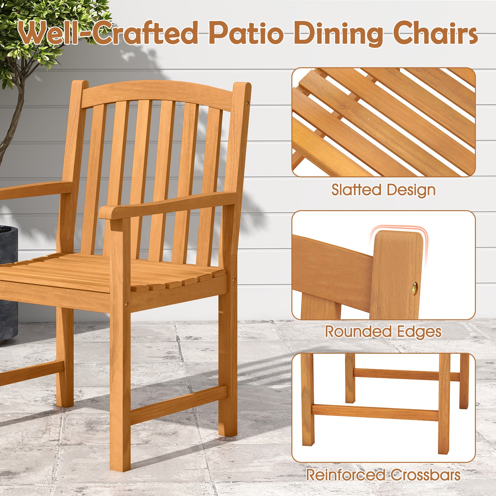 Solid Acacia Wood Patio Chairs Set of 2 with Slatted Seat and Inclined Backrest for Porch, Natural Patio Dining Chairs at Gallery Canada