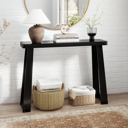 Solid Rubber Wood Console Table 43inch Narrow Entryway Table with Thick Tabletop and Stable Base, Black