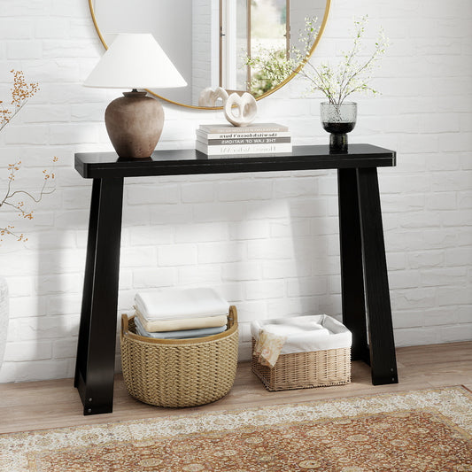 Solid Rubber Wood Console Table 43inch Narrow Entryway Table with Thick Tabletop and Stable Base, Black