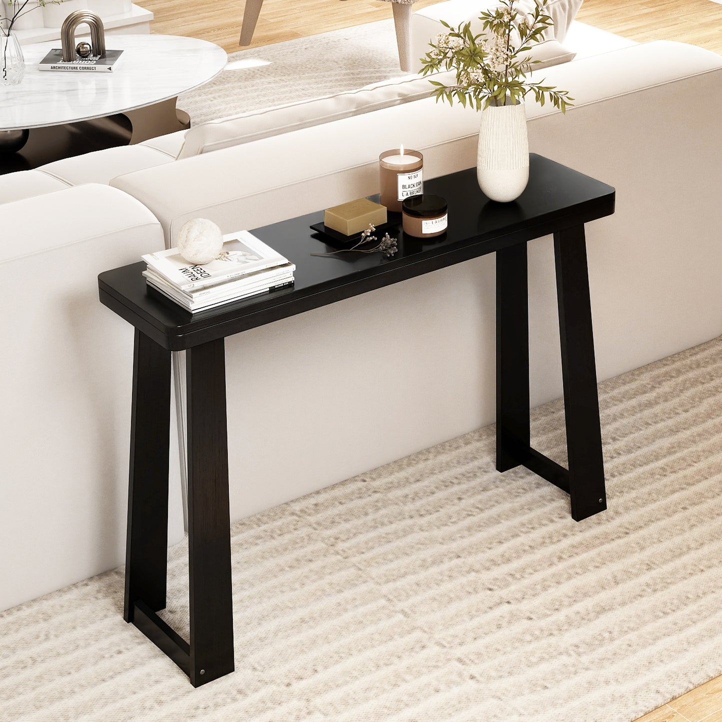 Solid Rubber Wood Console Table 43inch Narrow Entryway Table with Thick Tabletop and Stable Base, Black