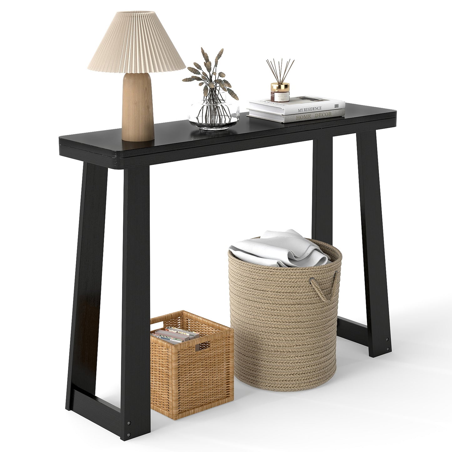 Solid Rubber Wood Console Table 43inch Narrow Entryway Table with Thick Tabletop and Stable Base, Black Console Tables at Gallery Canada