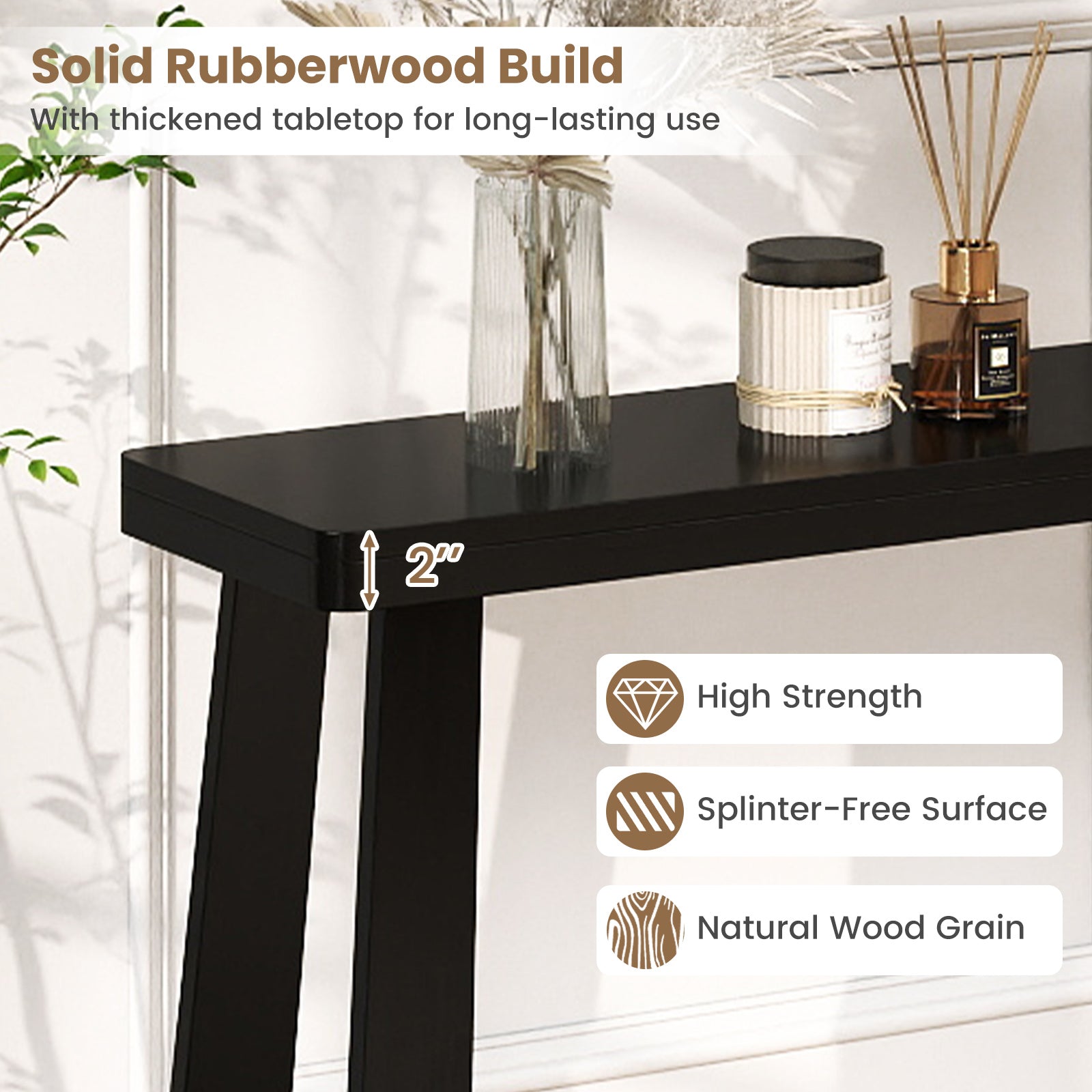 Solid Rubber Wood Console Table 43inch Narrow Entryway Table with Thick Tabletop and Stable Base, Black Console Tables at Gallery Canada
