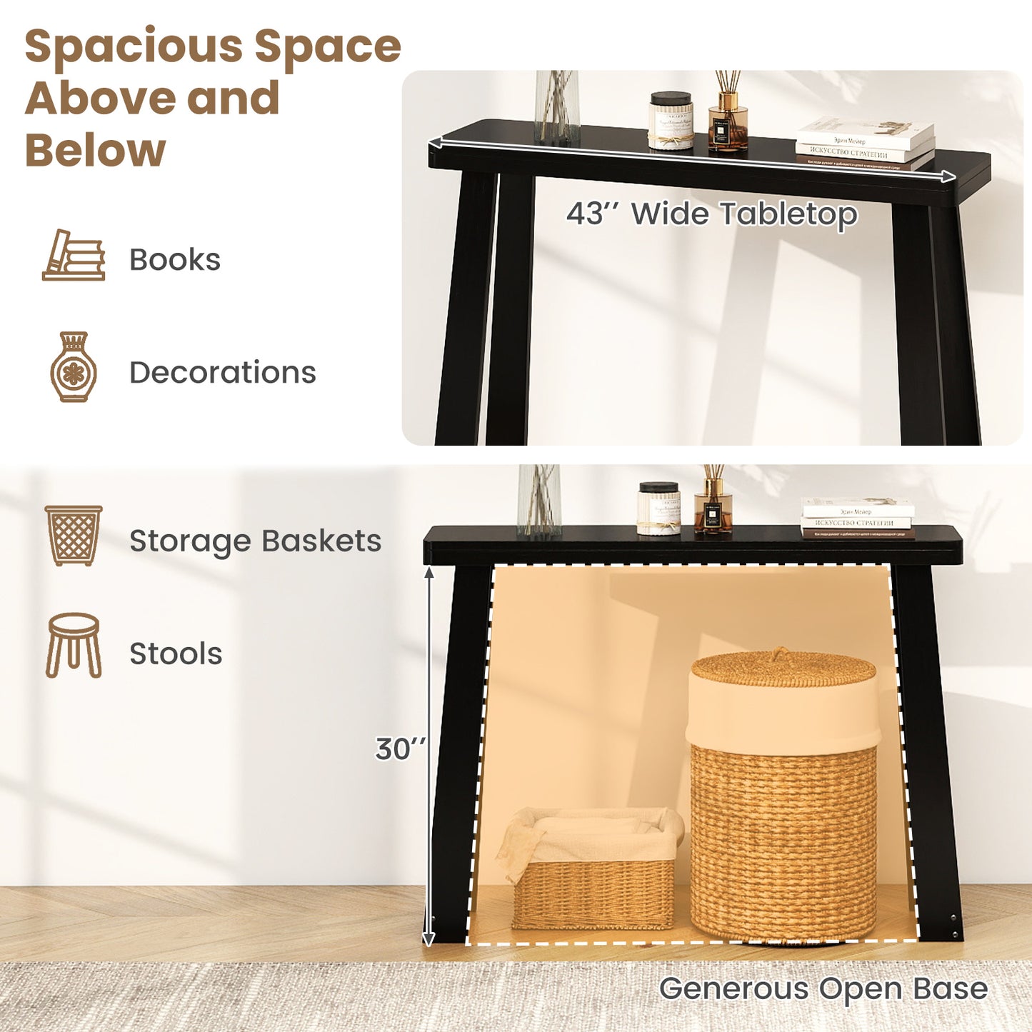 Solid Rubber Wood Console Table 43inch Narrow Entryway Table with Thick Tabletop and Stable Base, Black