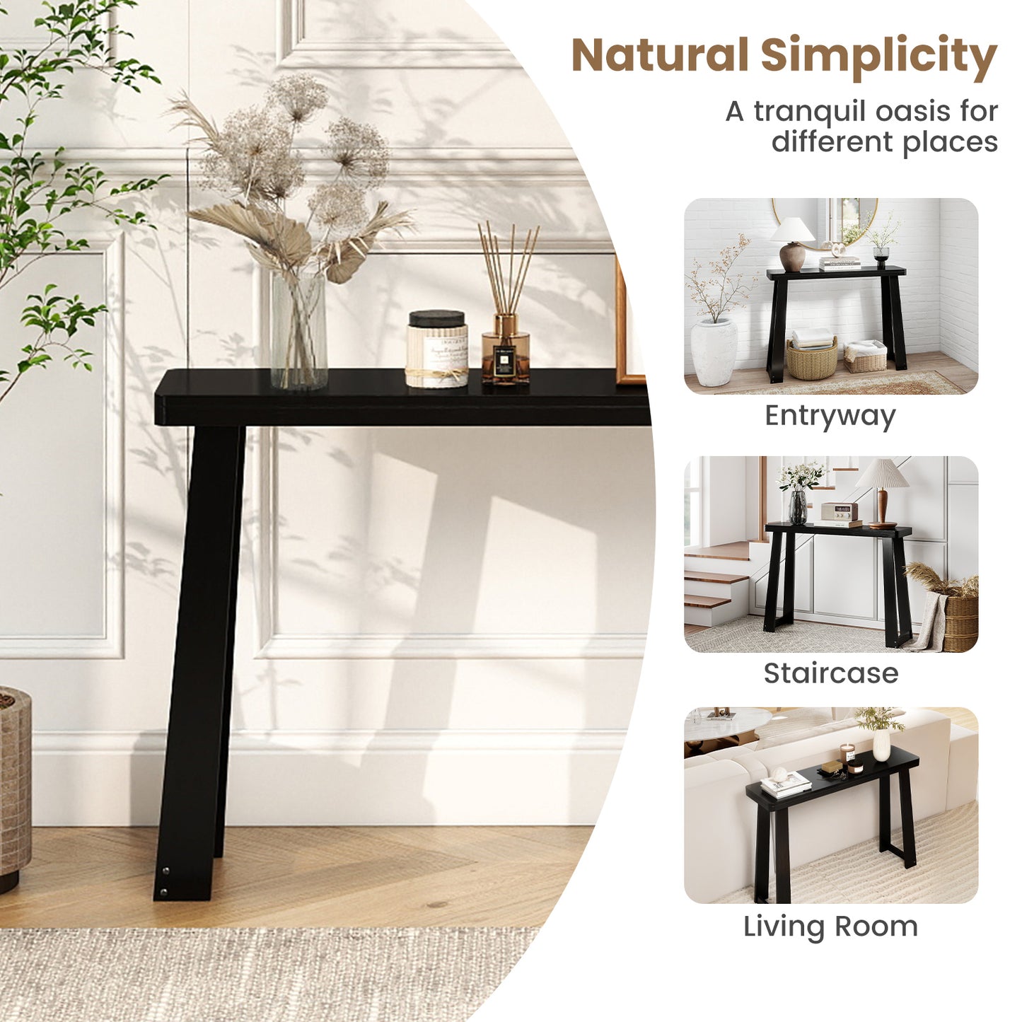 Solid Rubber Wood Console Table 43inch Narrow Entryway Table with Thick Tabletop and Stable Base, Black