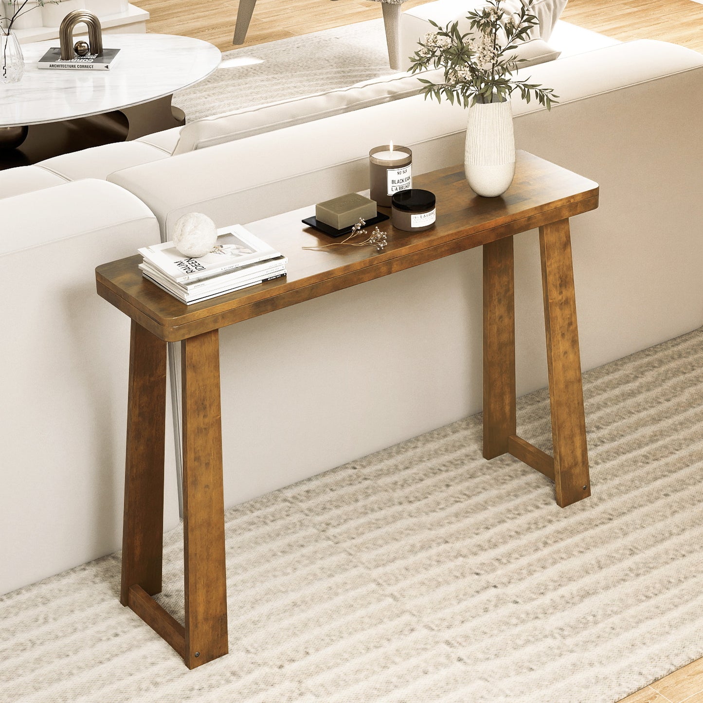 Solid Rubber Wood Console Table 43inch Narrow Entryway Table with Thick Tabletop and Stable Base, Walnut