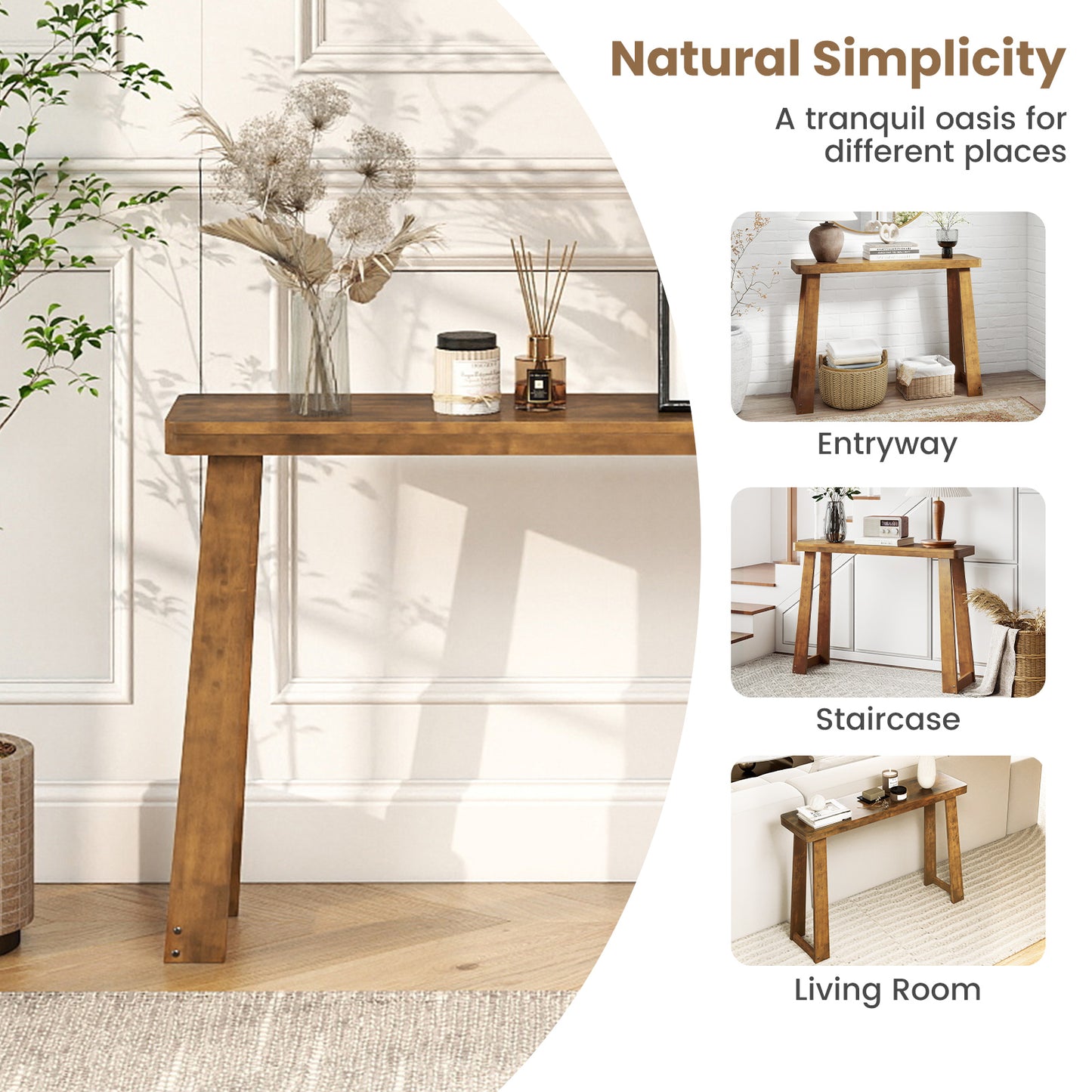 Solid Rubber Wood Console Table 43inch Narrow Entryway Table with Thick Tabletop and Stable Base, Walnut