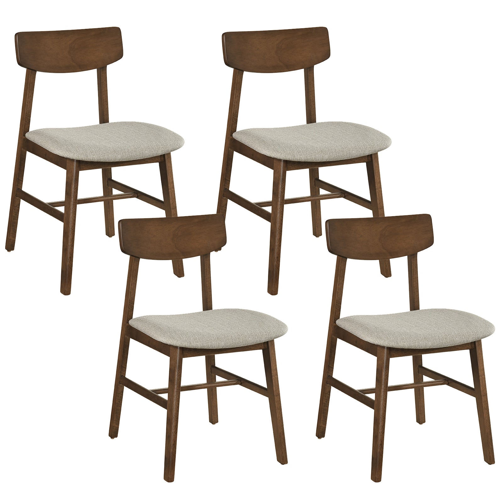 Rubber Wood Dining Chairs, Set of 4, Curved Backrest, Walnut