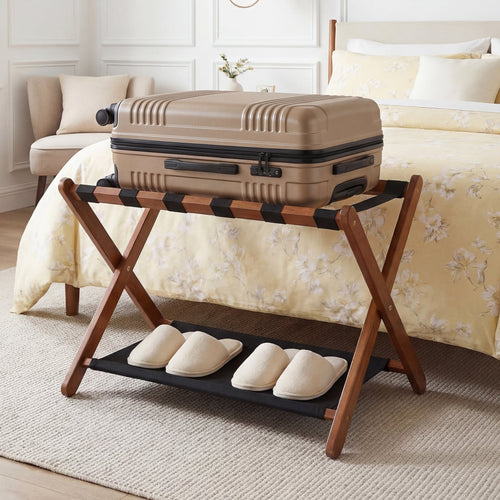 Solid Rubberwood Folding Luggage Rack With Nylon Shelves