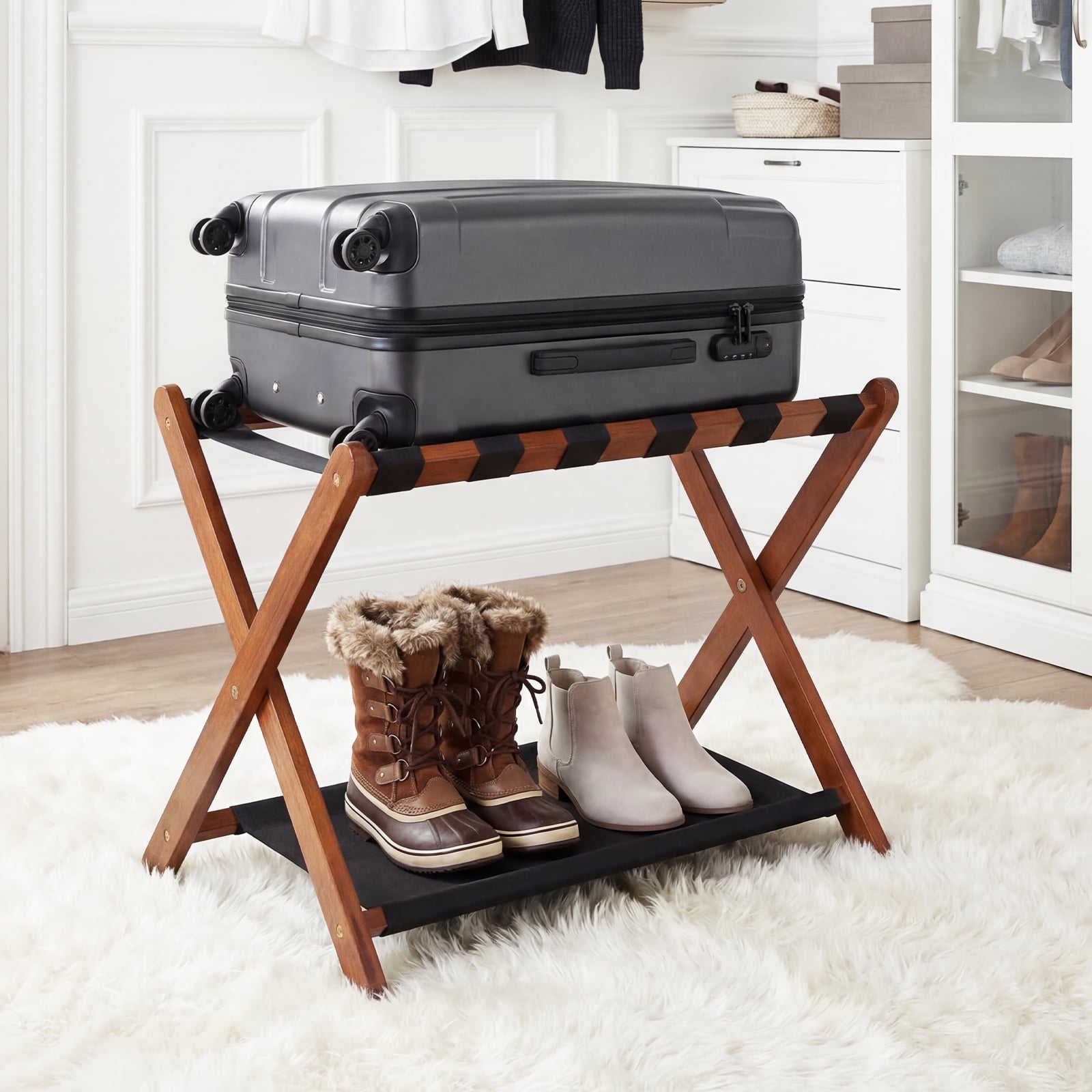 Solid Rubberwood Folding Luggage Rack With Nylon Shelves Shoe Racks & Storage Benches at Gallery Canada