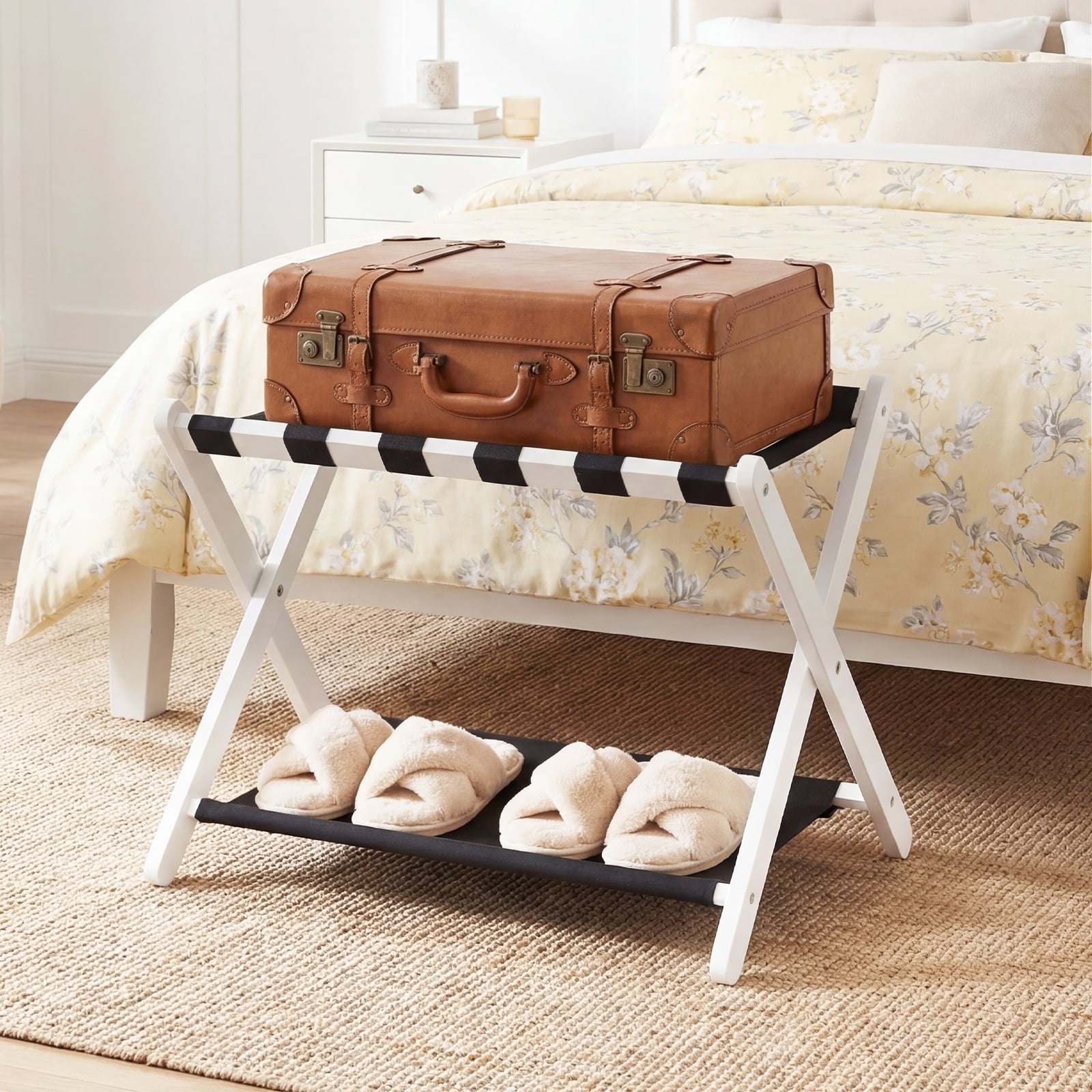 Solid Rubberwood Folding Luggage Rack, Nylon Shelves, Black & White Shoe Racks & Storage Benches at Gallery Canada