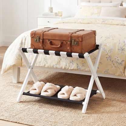 Solid Rubberwood Folding Luggage Rack, Nylon Shelves, Black & White Shoe Racks & Storage Benches at Gallery Canada