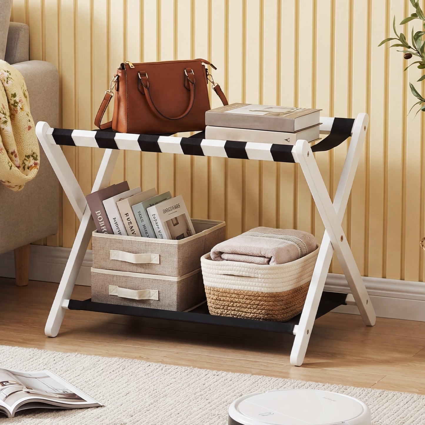Solid Rubberwood Folding Luggage Rack, Nylon Shelves, Black & White Shoe Racks & Storage Benches at Gallery Canada