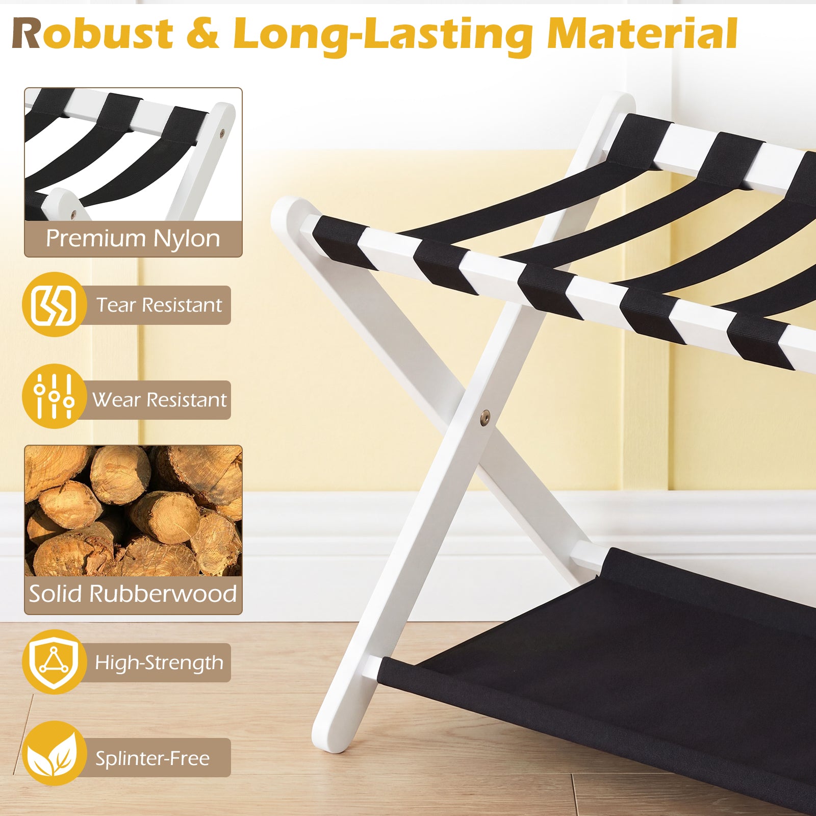 Solid Rubberwood Folding Luggage Rack, Nylon Shelves, Black & White Shoe Racks & Storage Benches at Gallery Canada