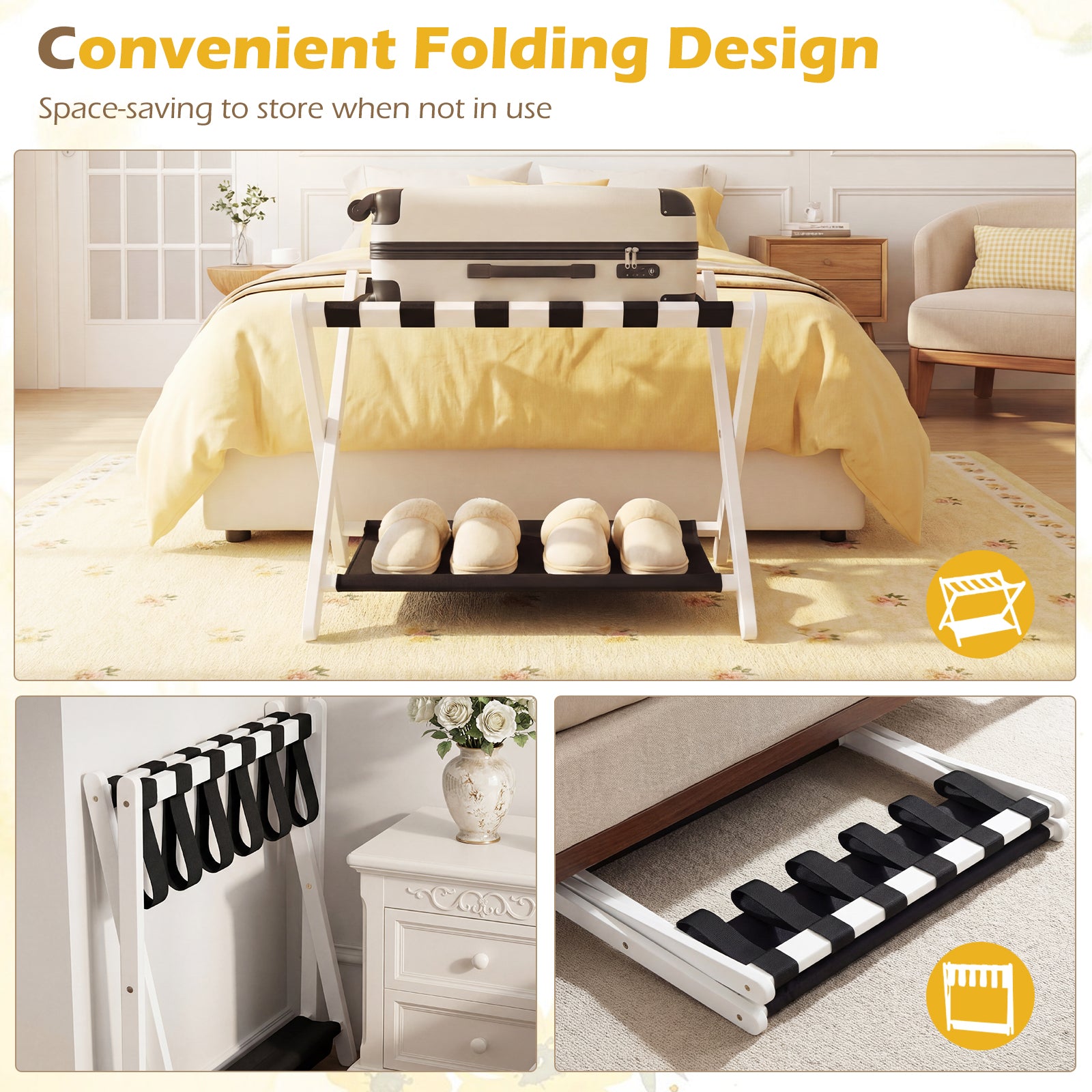 Solid Rubberwood Folding Luggage Rack, Nylon Shelves, Black & White Shoe Racks & Storage Benches at Gallery Canada