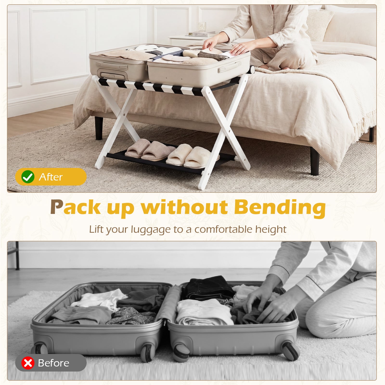 Solid Rubberwood Folding Luggage Rack, Nylon Shelves, Black & White Shoe Racks & Storage Benches at Gallery Canada