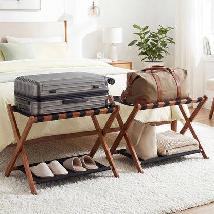Solid Rubberwood Folding Luggage Rack, Nylon Shelves, Set Of 2 Shoe Racks & Storage Benches at Gallery Canada