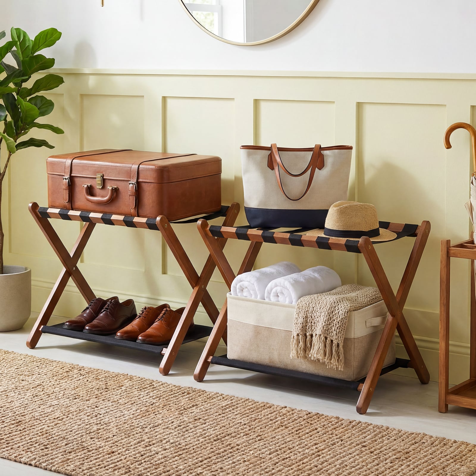 Solid Rubberwood Folding Luggage Rack, Nylon Shelves, Set Of 2 Shoe Racks & Storage Benches at Gallery Canada