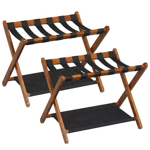 Solid Rubberwood Folding Luggage Rack, Nylon Shelves, Set Of 2