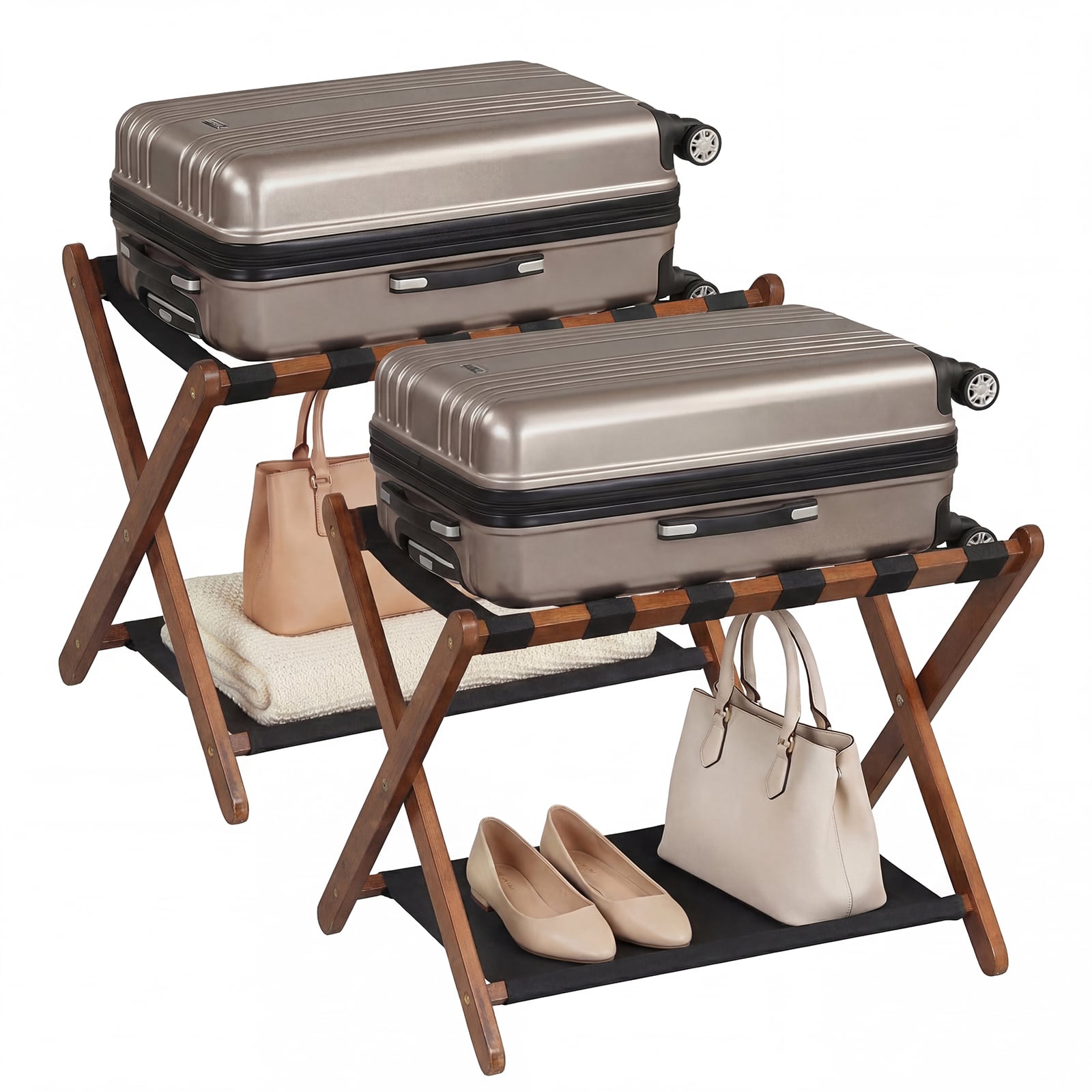 Solid Rubberwood Folding Luggage Rack, Nylon Shelves, Set Of 2 Shoe Racks & Storage Benches at Gallery Canada