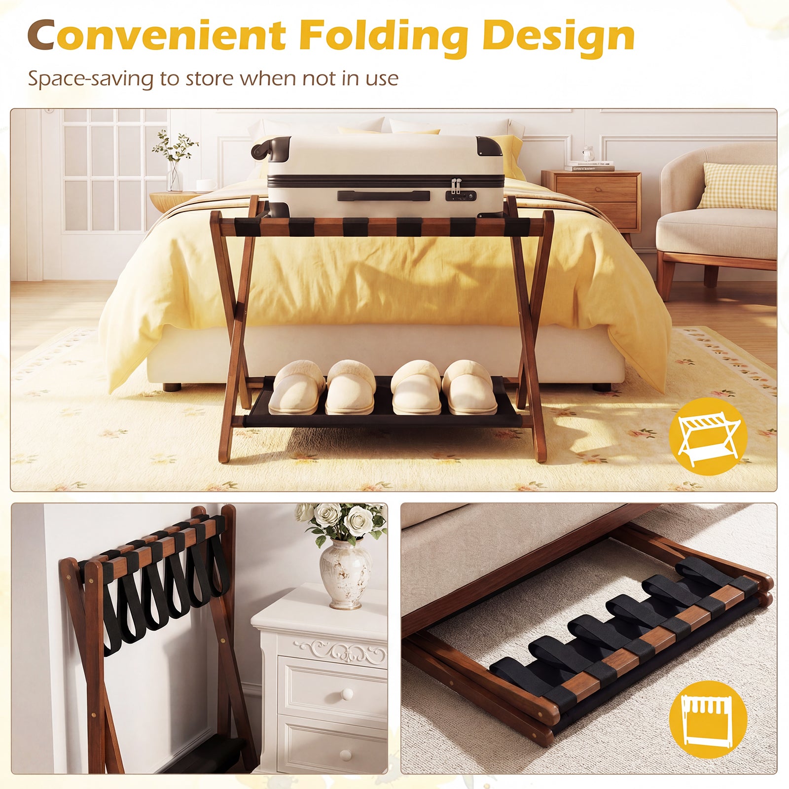 Solid Rubberwood Folding Luggage Rack, Nylon Shelves, Set Of 2 Shoe Racks & Storage Benches at Gallery Canada