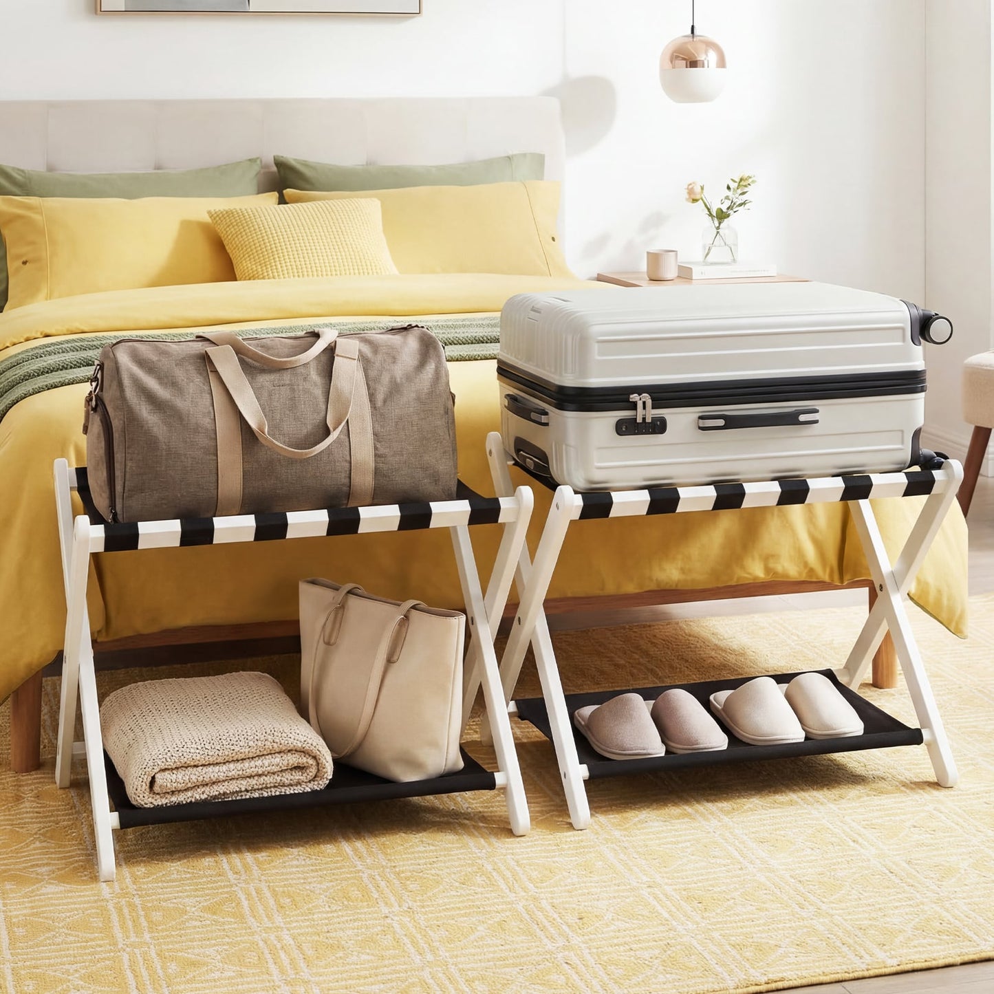 Rubberwood Folding Luggage Rack, Nylon Shelves, Set of 2, Black, White Shoe Racks & Storage Benches at Gallery Canada
