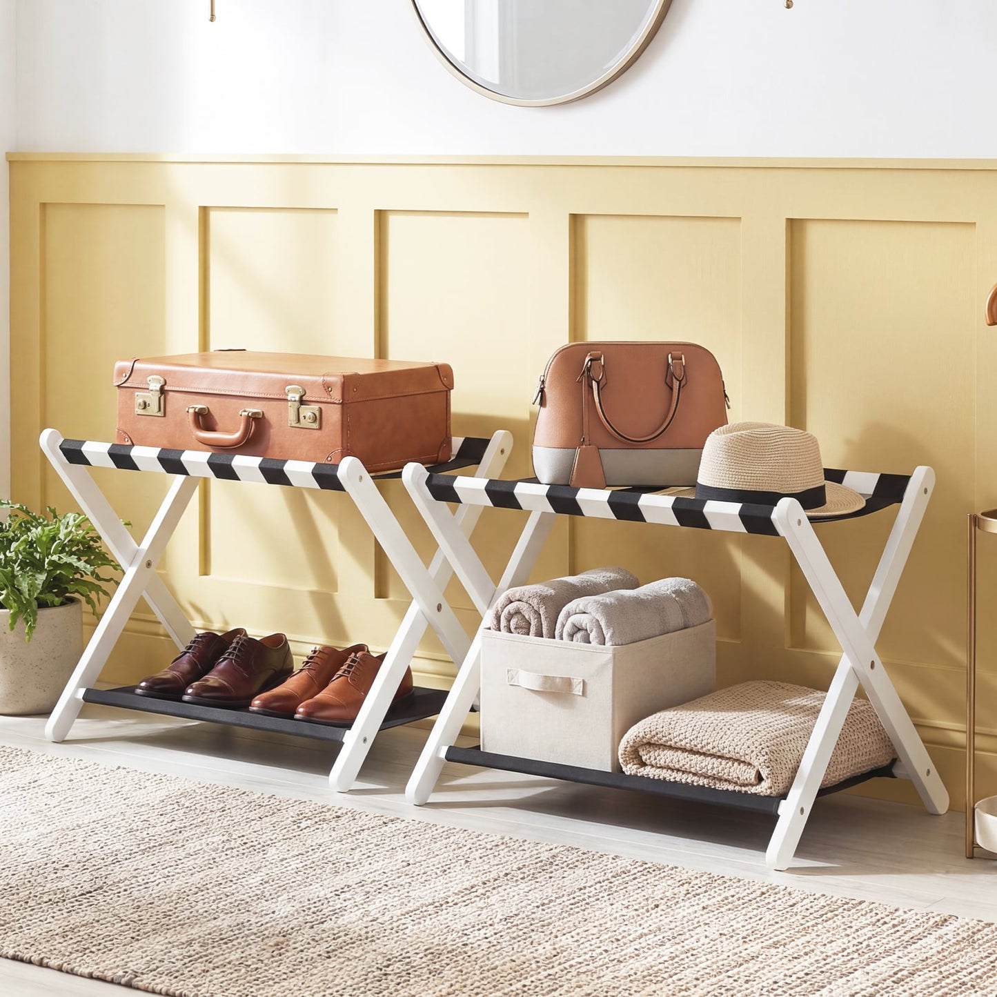 Rubberwood Folding Luggage Rack, Nylon Shelves, Set of 2, Black, White Shoe Racks & Storage Benches at Gallery Canada