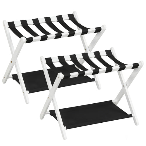 Rubberwood Folding Luggage Rack, Nylon Shelves, Set of 2, Black, White