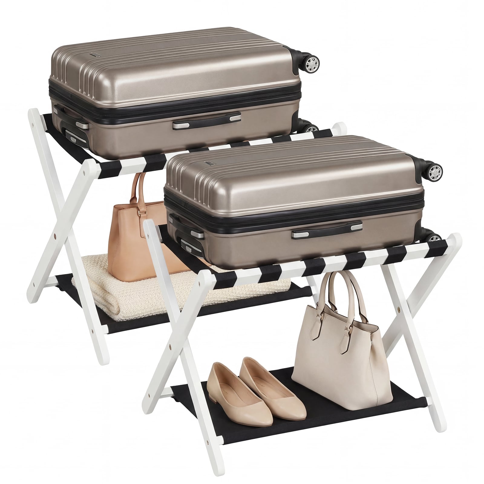 Rubberwood Folding Luggage Rack, Nylon Shelves, Set of 2, Black, White Shoe Racks & Storage Benches at Gallery Canada