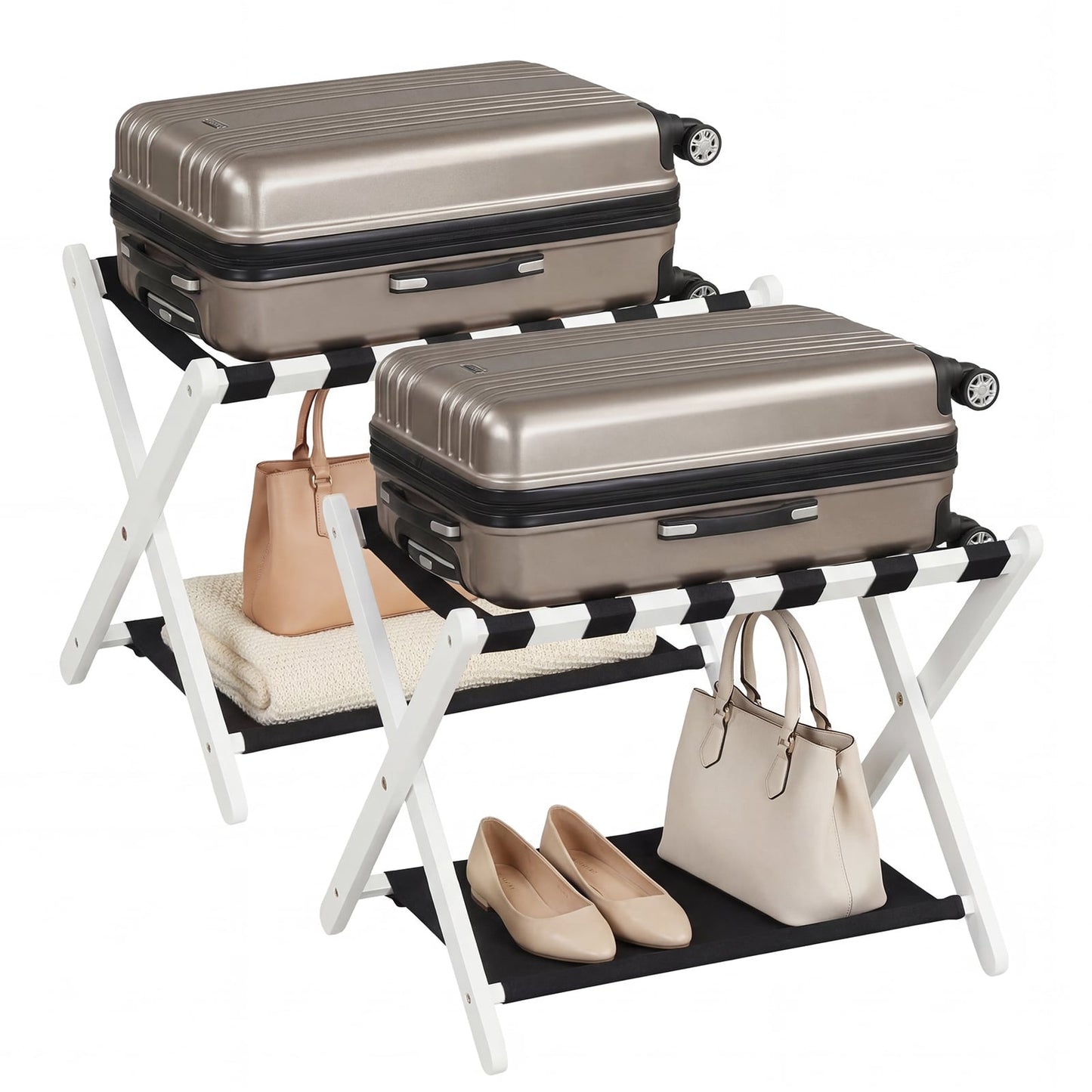 Rubberwood Folding Luggage Rack, Nylon Shelves, Set of 2, Black, White Shoe Racks & Storage Benches at Gallery Canada