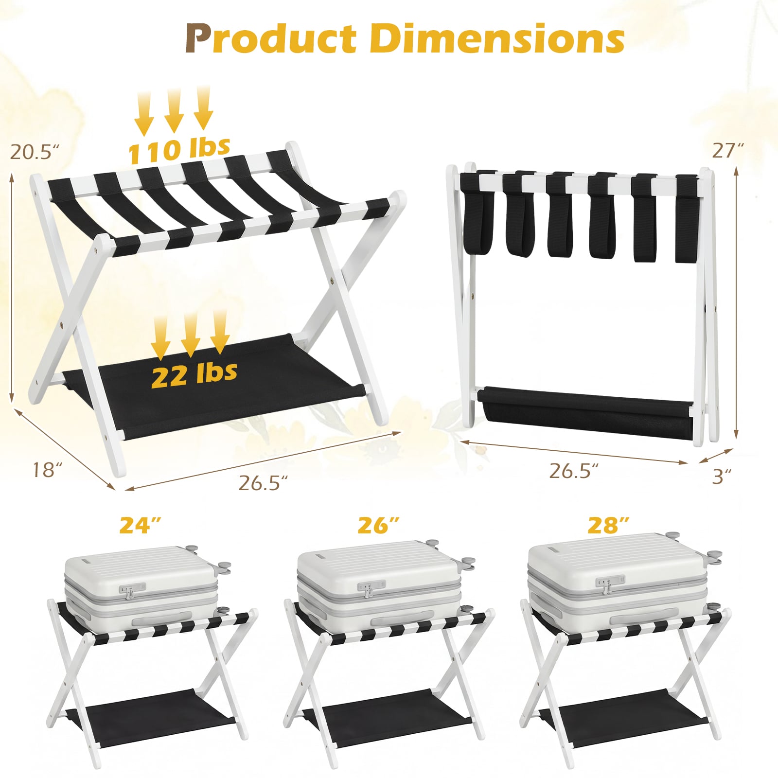Rubberwood Folding Luggage Rack, Nylon Shelves, Set of 2, Black, White Shoe Racks & Storage Benches at Gallery Canada