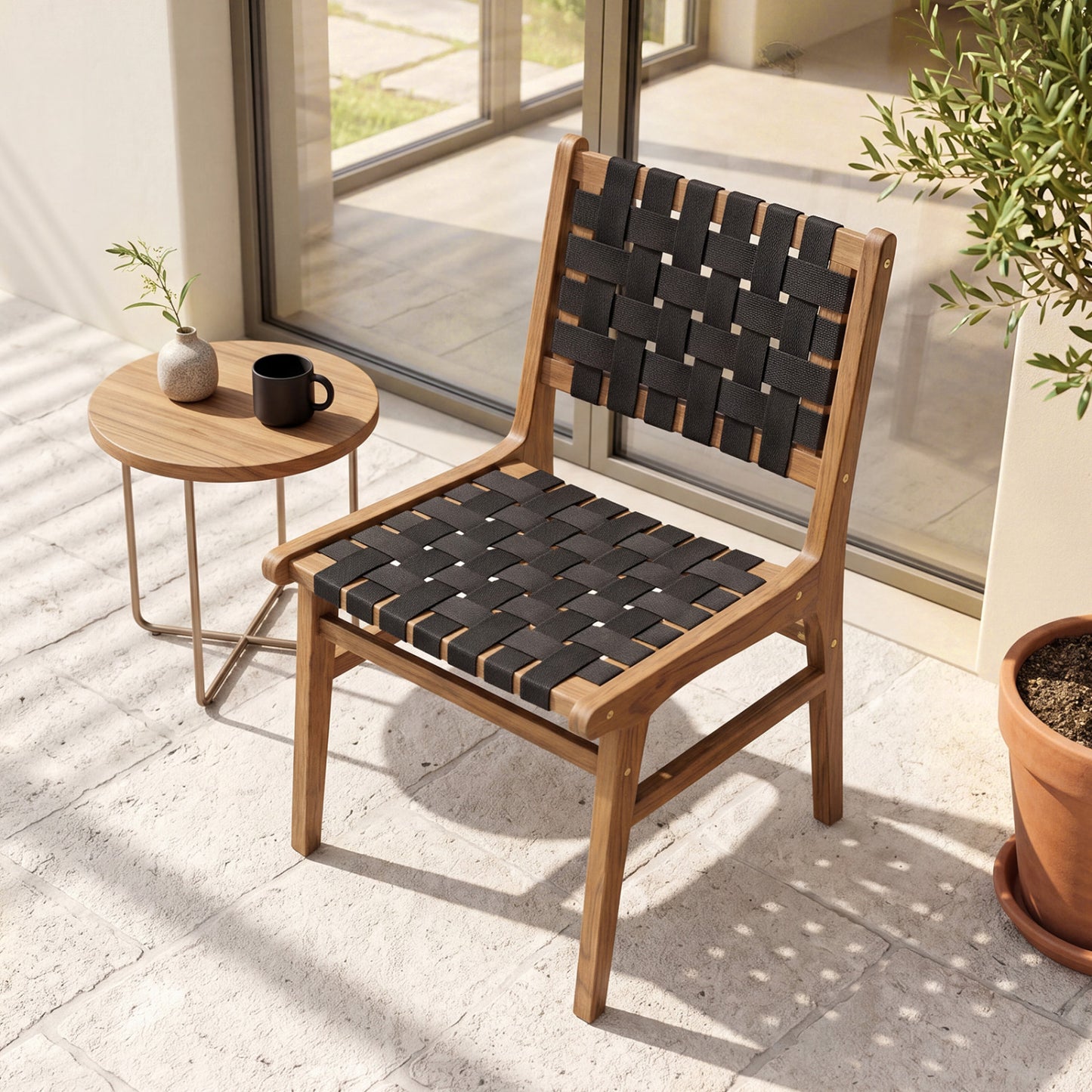 Solid Teak Hand-Woven Strap Outdoor Dining Chair with Flex Support for Deck Garden Patio Dining Chairs at Gallery Canada