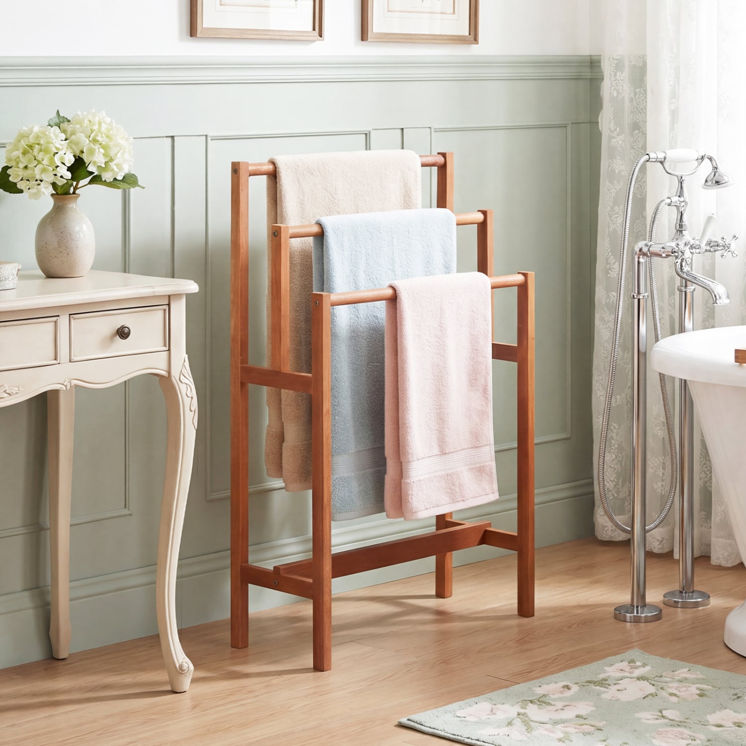Solid Wood 3-Tier Towel Rack, Teak Oil Finish, Natural Towel Racks at Gallery Canada