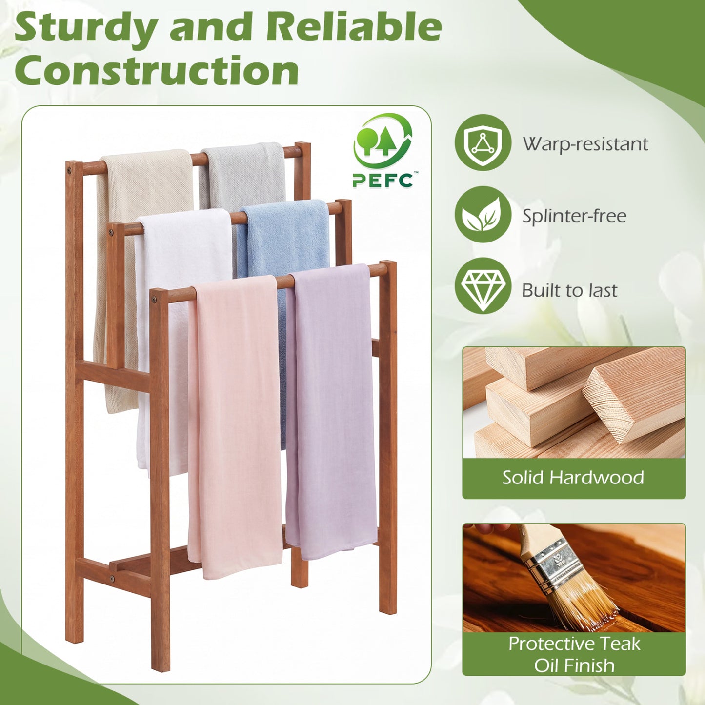 Solid Wood 3-Tier Towel Rack, Teak Oil Finish, Natural Towel Racks at Gallery Canada