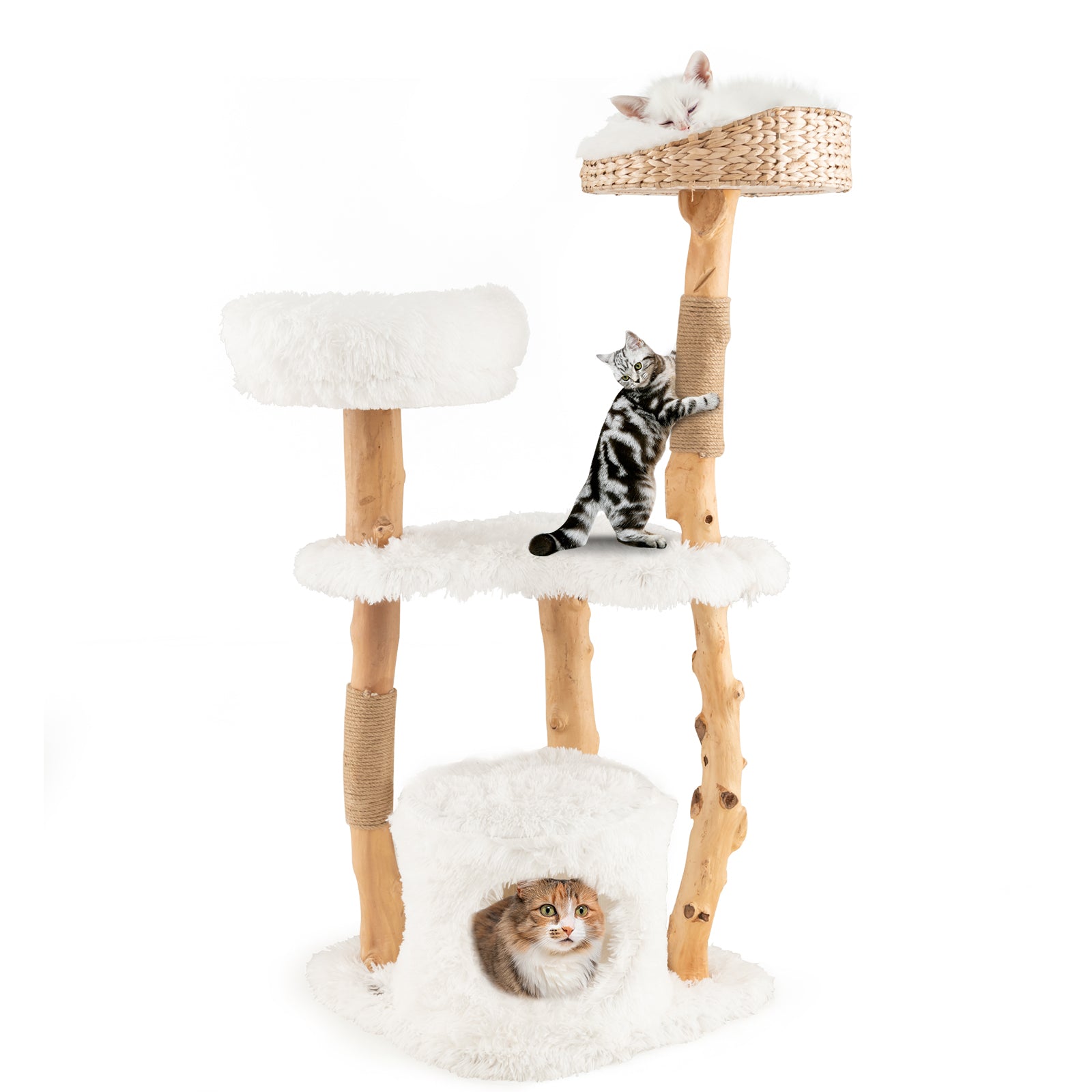 Solid Wood Cat Tower with Cattail Basket, White Cat Trees Condos & Scratchers at Gallery Canada