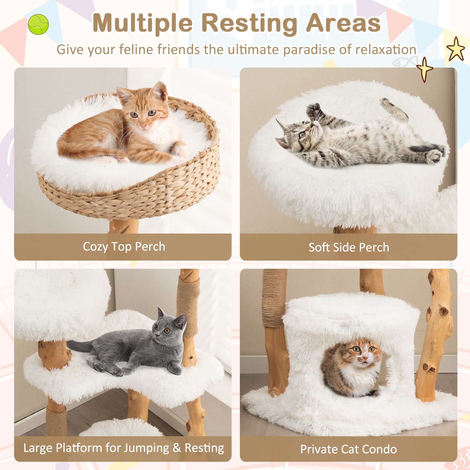 Solid Wood Cat Tower with Cattail Basket, White Cat Trees Condos & Scratchers at Gallery Canada