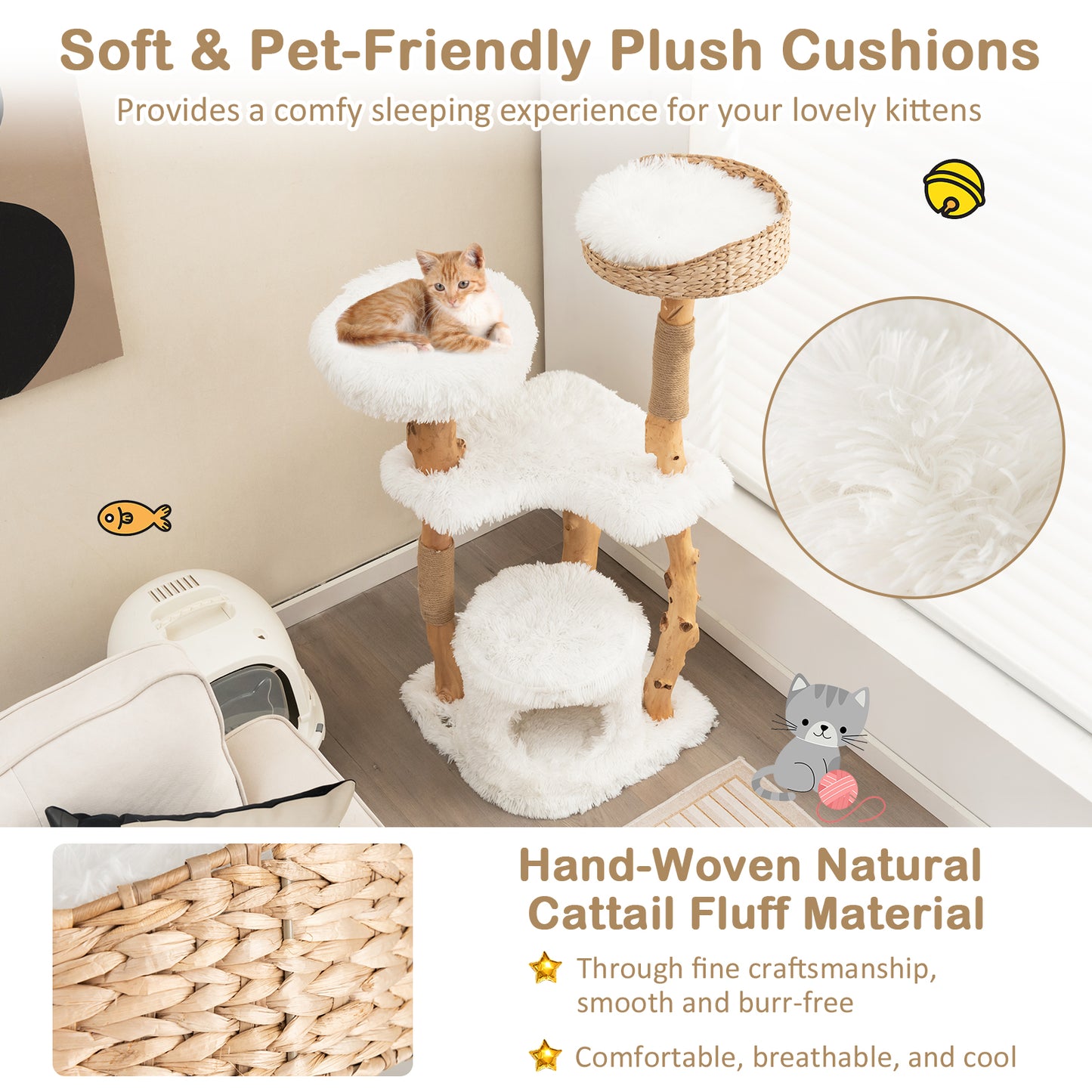Solid Wood Cat Tower with Cattail Basket, White Cat Trees Condos & Scratchers at Gallery Canada