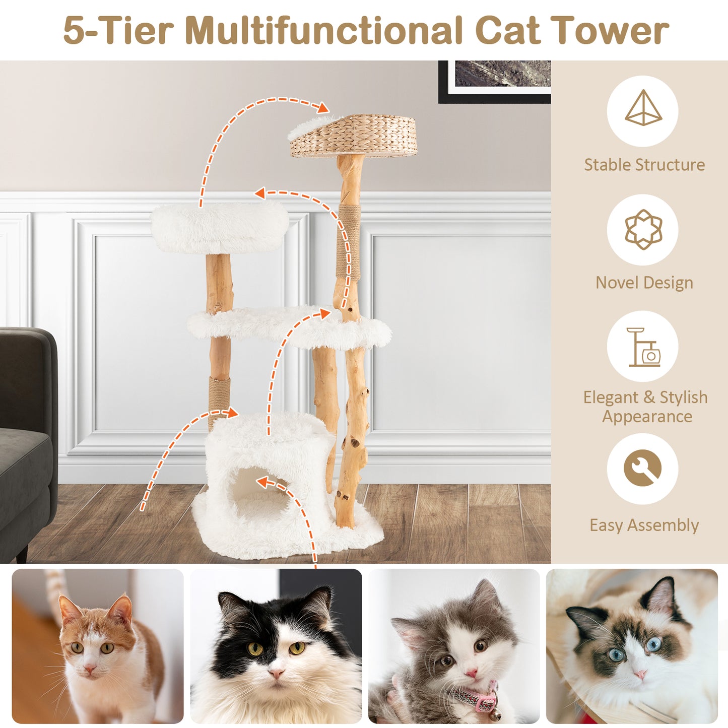 Solid Wood Cat Tower with Cattail Basket, White Cat Trees Condos & Scratchers at Gallery Canada