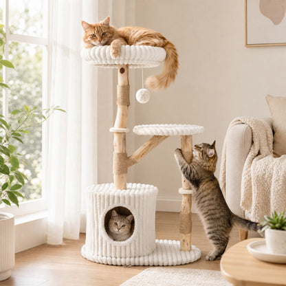 Arbre à chat en bois massif 41", beige