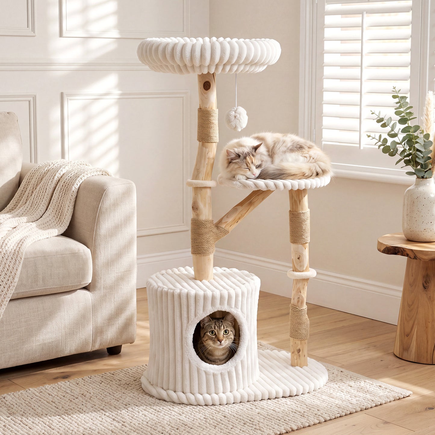 Arbre à chat en bois massif 41", beige