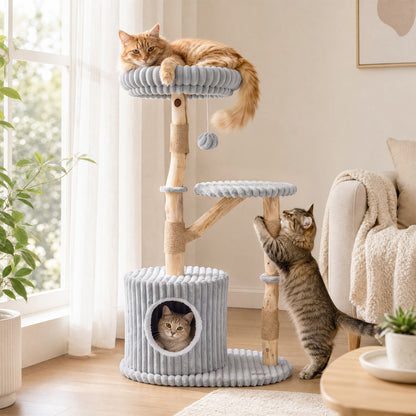 Arbre à chat en bois massif 41 pouces avec poteaux à gratter, gris
