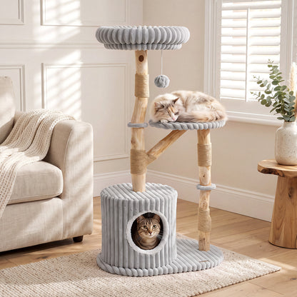 Arbre à chat en bois massif 41 pouces avec poteaux à gratter, gris