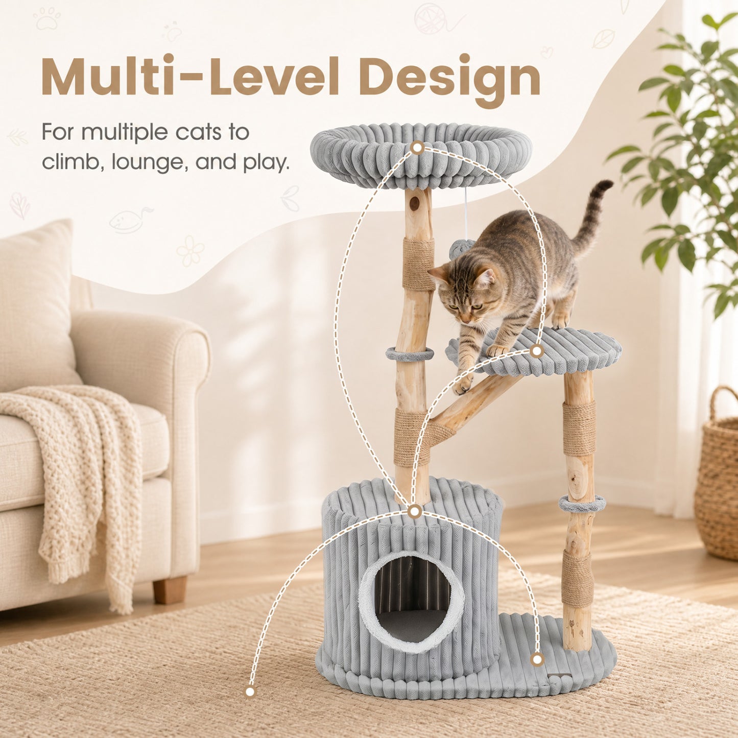 Arbre à chat en bois massif 41 pouces avec poteaux à gratter, gris